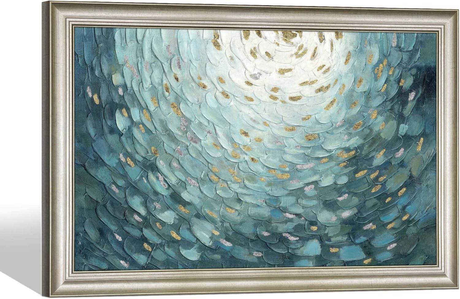 Framed Teal Abstract Canvas Art: Large Modern Hand Painted Textured Artwork Print Contemporary Turquoise Painting Picture with Gold Foil Wall Decor for Home Office Bedroom Living Room Decoration