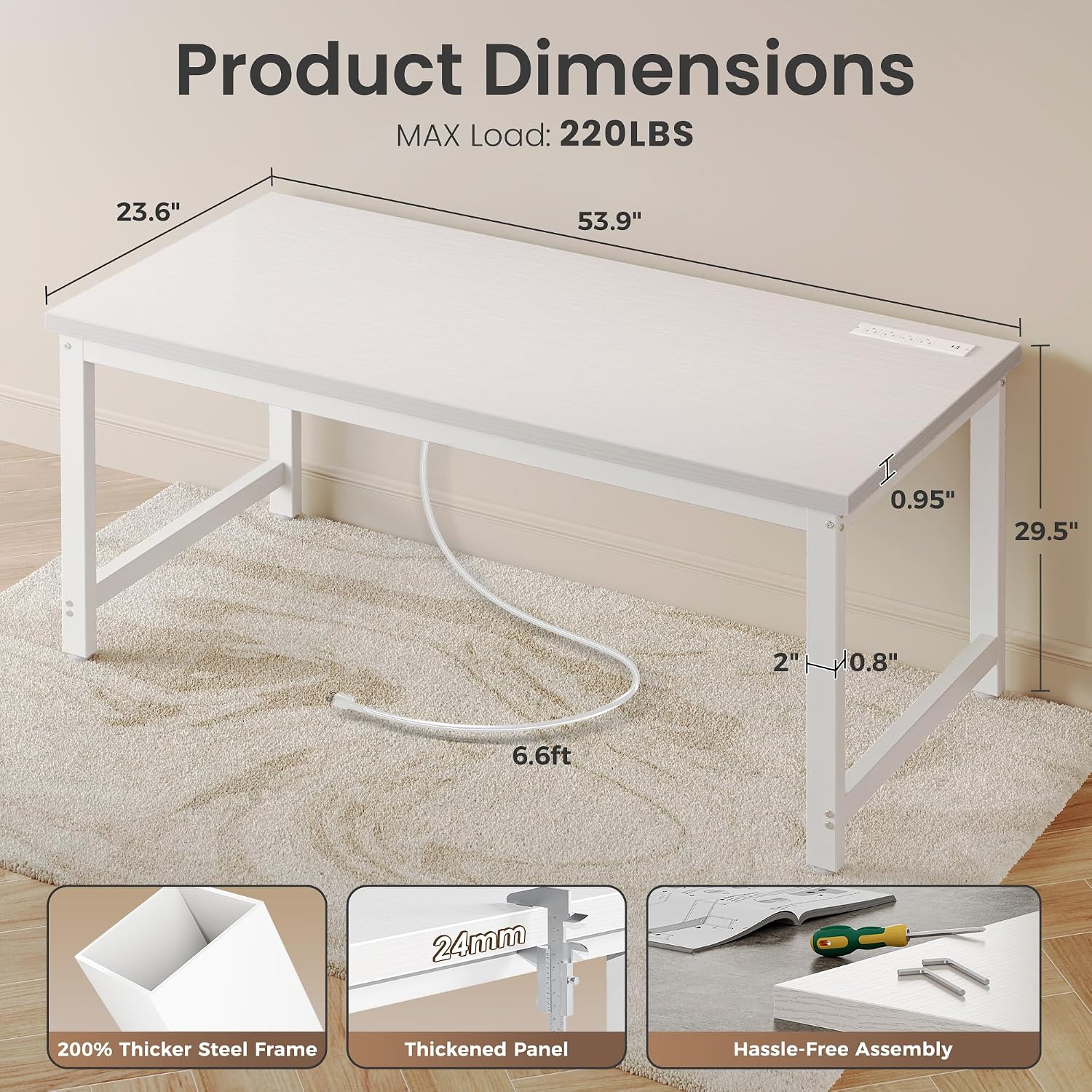 Huuger 55 x 24 inch Desk with Power Outlets & USB-C, Deeper & Thicker Desktop, Robust Metal Tubes, Computer Desk, Heavy Duty Office Desk, Work Gaming Desk for Home Office, White