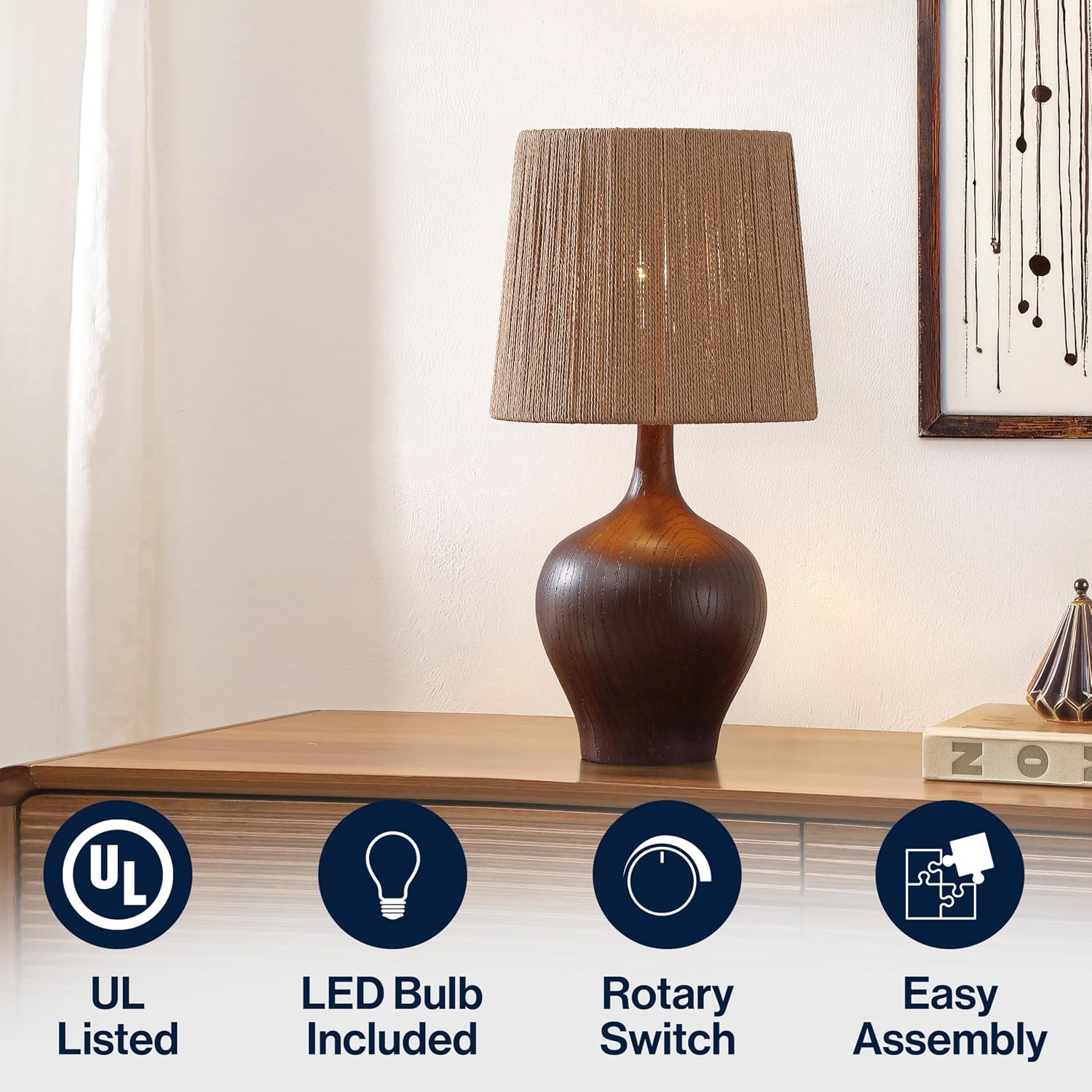 JONATHAN Y 23' Dark Brown Wood Finish Rustic Farmhouse Resin Gourd LED Table Lamp for Bedroom, Living Room, Nightstand, with Brown Paper Rope Shade, LED Bulb Included (JYL9200B)