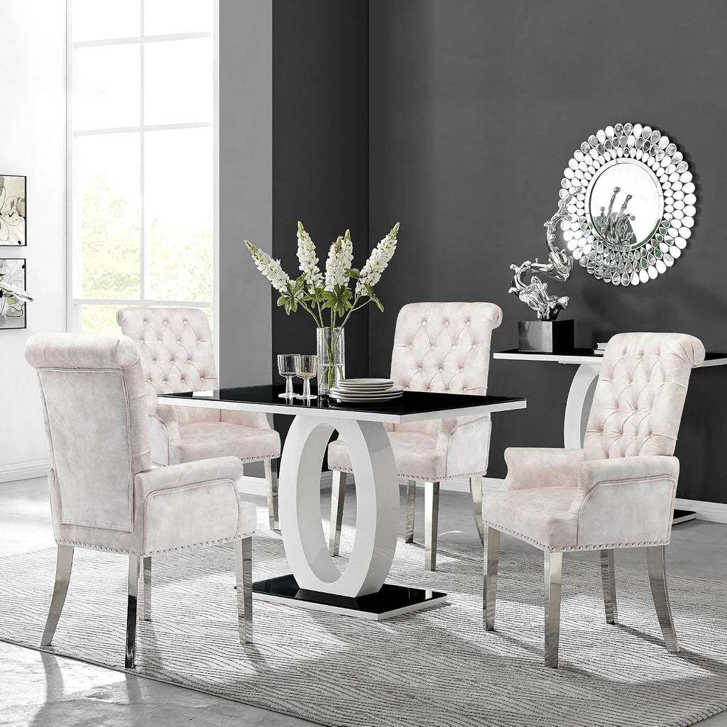 LOULENS Luxurious Velvet Dining Chairs Set of 2, Modern Upholstered Dining Chair with Arms, Tufted High Back Dining Room Chairs with Stainless Steel Leg for Kitchen & Dining Room, Beige