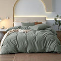 JIYUAN Alaska King Duvet Cover Set, 3-Piece - 100% Washed Cotton, Linen-Like Soft & Breathable with Zipper Closure, Includes 132x120 Inch Cover & 2 Pillowcases, Heathered Green