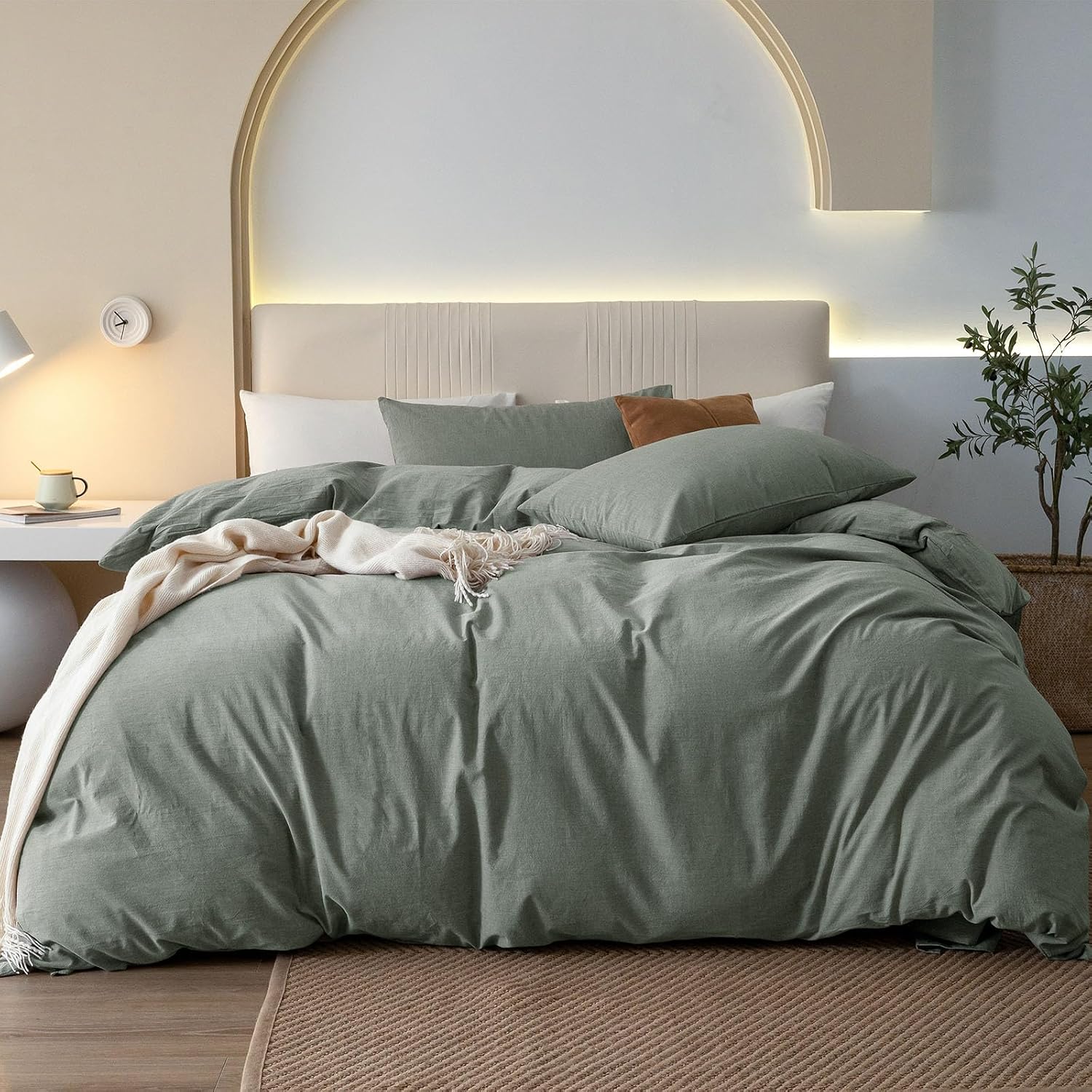 JIYUAN Alaska King Duvet Cover Set, 3-Piece - 100% Washed Cotton, Linen-Like Soft & Breathable with Zipper Closure, Includes 132x120 Inch Cover & 2 Pillowcases, Heathered Green