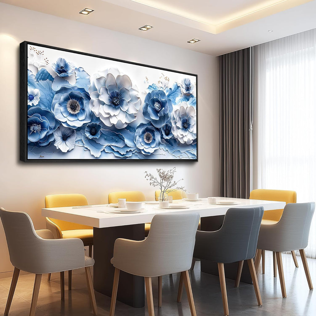 XIGUANGART Large Flower Prints Wall Art for Living Room Blue and White Paintings for Office Modern Black Framed Artwork Floral Pictures Wall Decoration for Bedroom Kitchen Women Aesthetic Home Decor