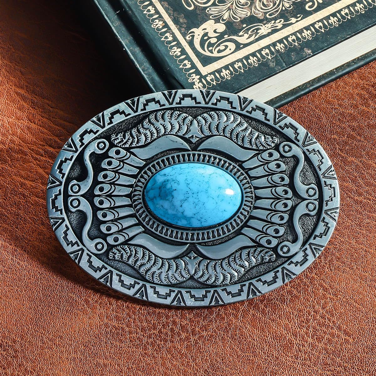 Men's Western Belt Buckle - Vintage Turquoise with Native American & Cowboy Elements