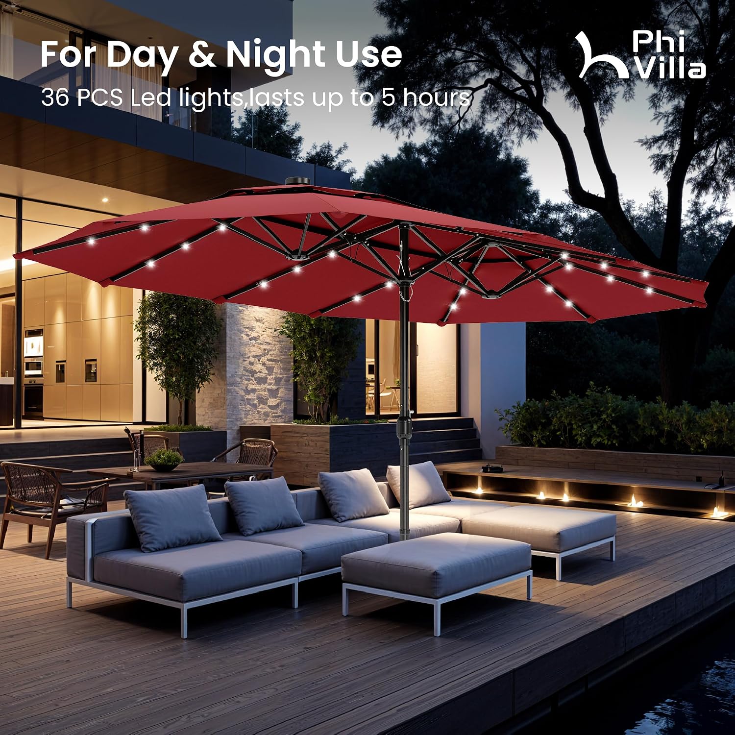 PHI VILLA 15ft 2-Tier Large Patio Umbrella with Solar Lights, Double-Sided Outdoor Market Rectangle Umbrellas with 36 LED Lights, Umbrella Base (Stand) Included, Wine Red