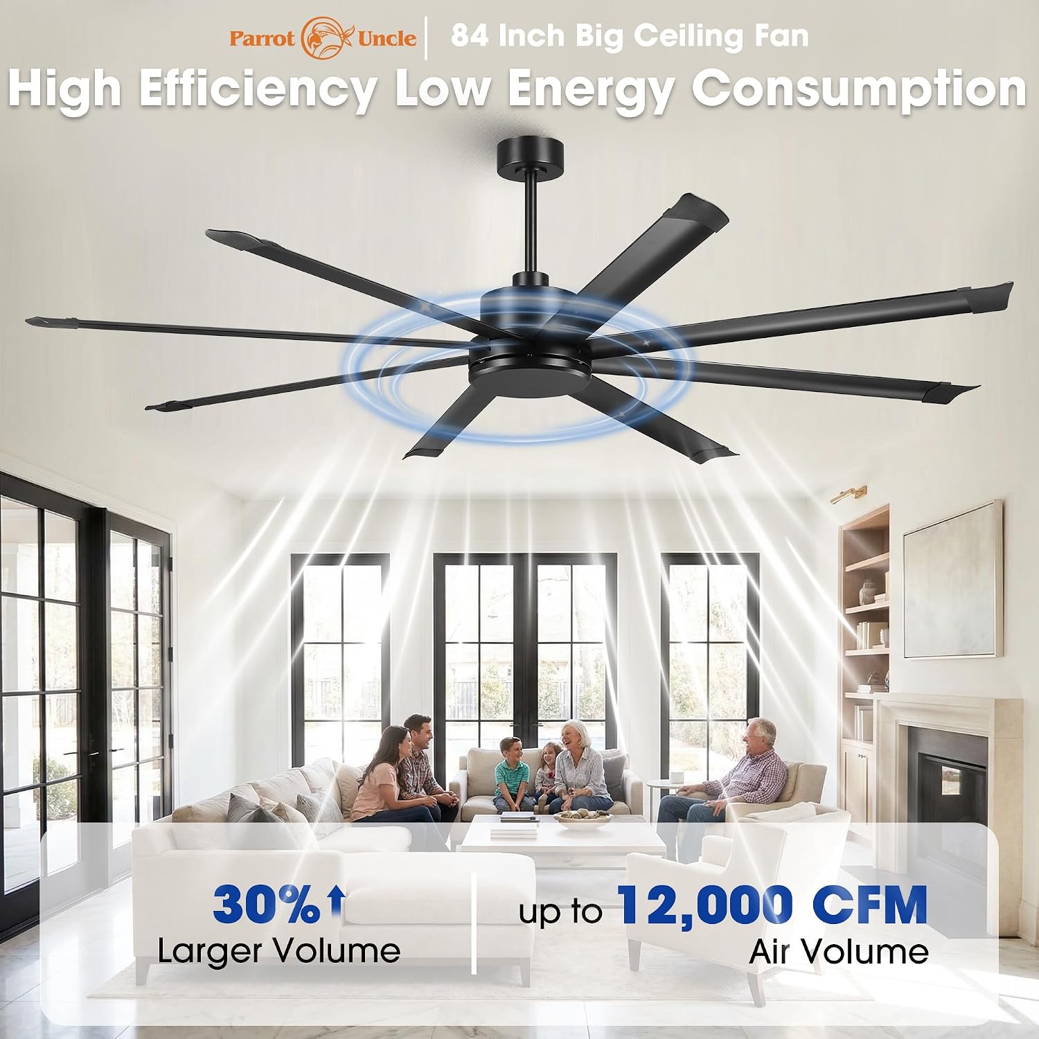 84 Inch Industrial Ceiling Fan No Light, Large Black Ceiling Fan without Light with Remote Control, High CFM Reversible DC Motor, 8 Aluminum Blades, Commercial Fan for Shop Garage Gym Warehouse