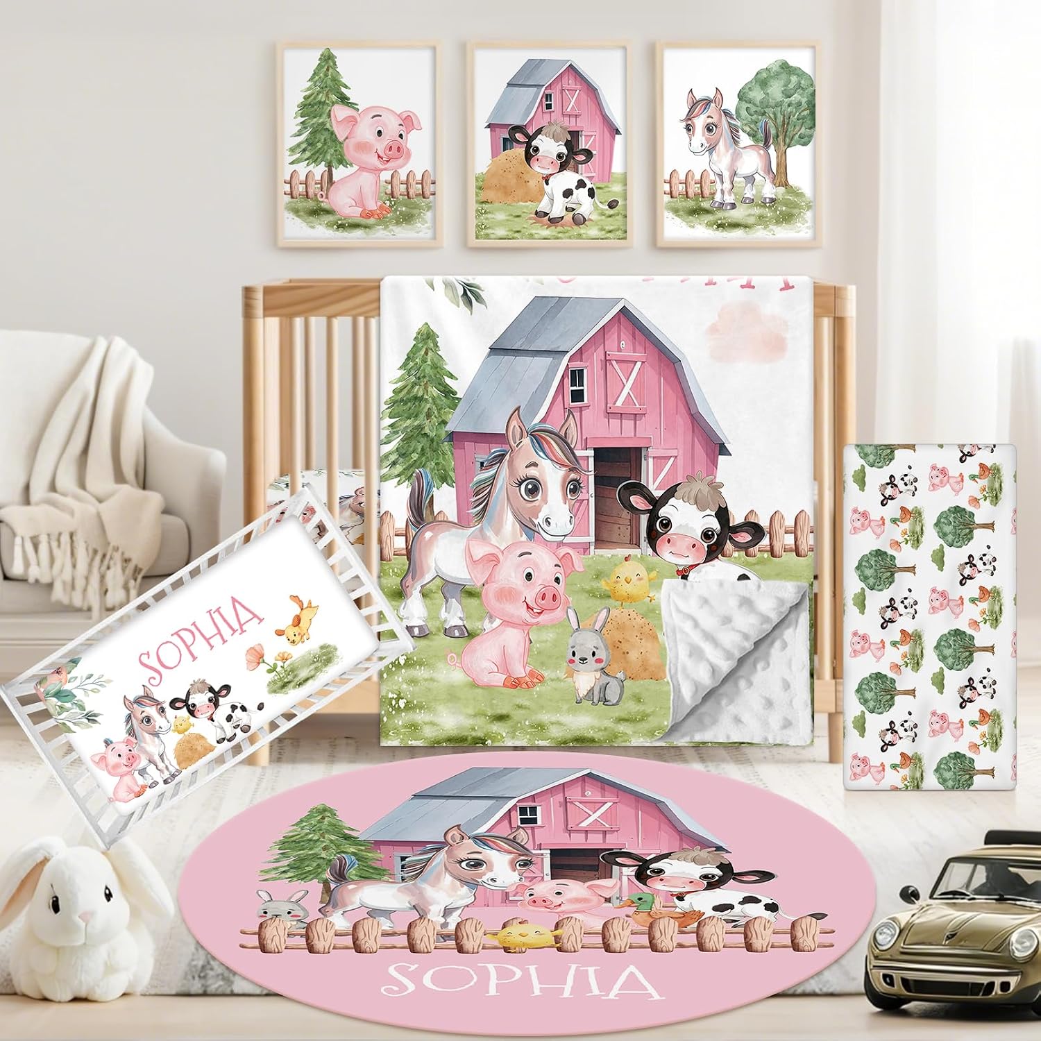 Personalized Baby Crib Bedding Set, 5 Pcs Custom Name Nursery Bedding Set for Girls Boys, Farm Animals Baby Crib Set for Toddlers Infants, Double Layer Bedding Crib Sets Customized Gifts