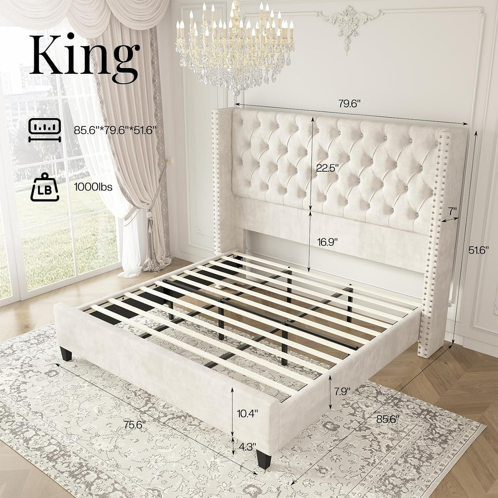 Jocisland King Size Bed Frame Velvet Upholstered Platform Bed with 51.6' Tall Wingback Headboard Deep Button Tufted, No Box Spring Needed, Cream