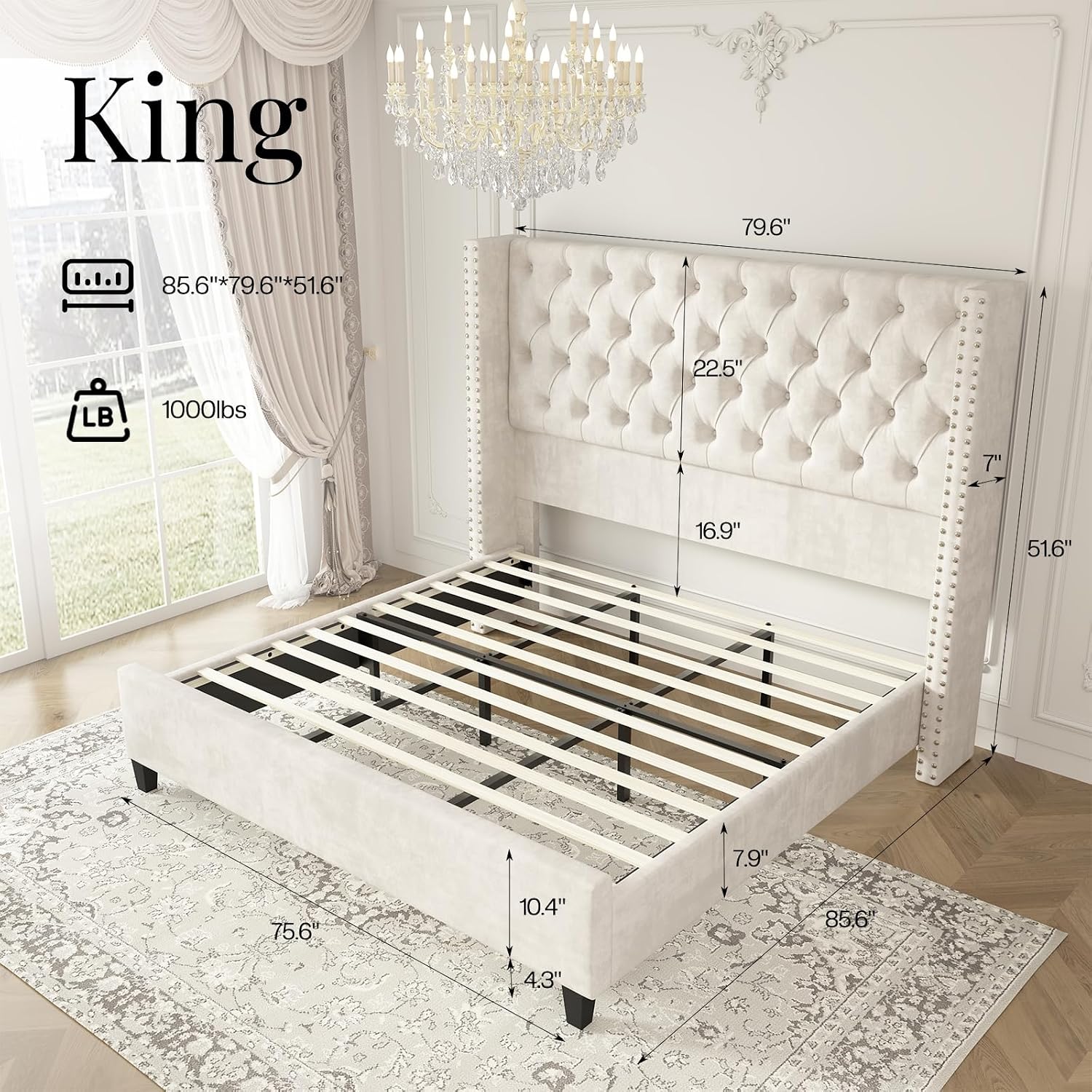 Jocisland King Size Bed Frame Velvet Upholstered Platform Bed with 51.6' Tall Wingback Headboard Deep Button Tufted, No Box Spring Needed, Cream