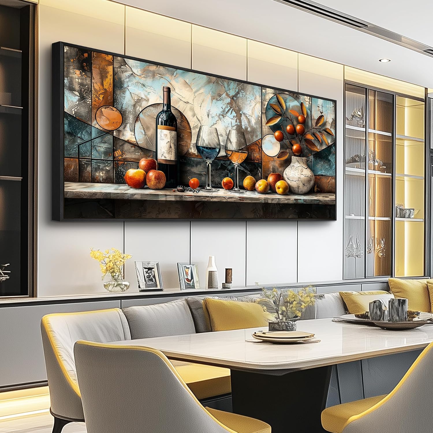 XIGUANGART Kitchen Pictures Wall Decor,Extra Large Framed Wall Art,Fruit Harvest Still Life Wall Art For Dining Room Vintage Picture Artwork Wine Glass Painting Pub Living Room Home Decor 32x72 In