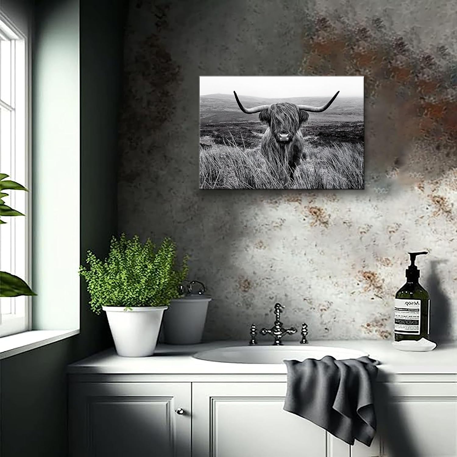 Highland Cow Wall Art Canvas Black and White Artwork Canvas Picture Highland Cow Prints Paintings Wall Decor Framed for Living Room Bathroom (28x44 inch)