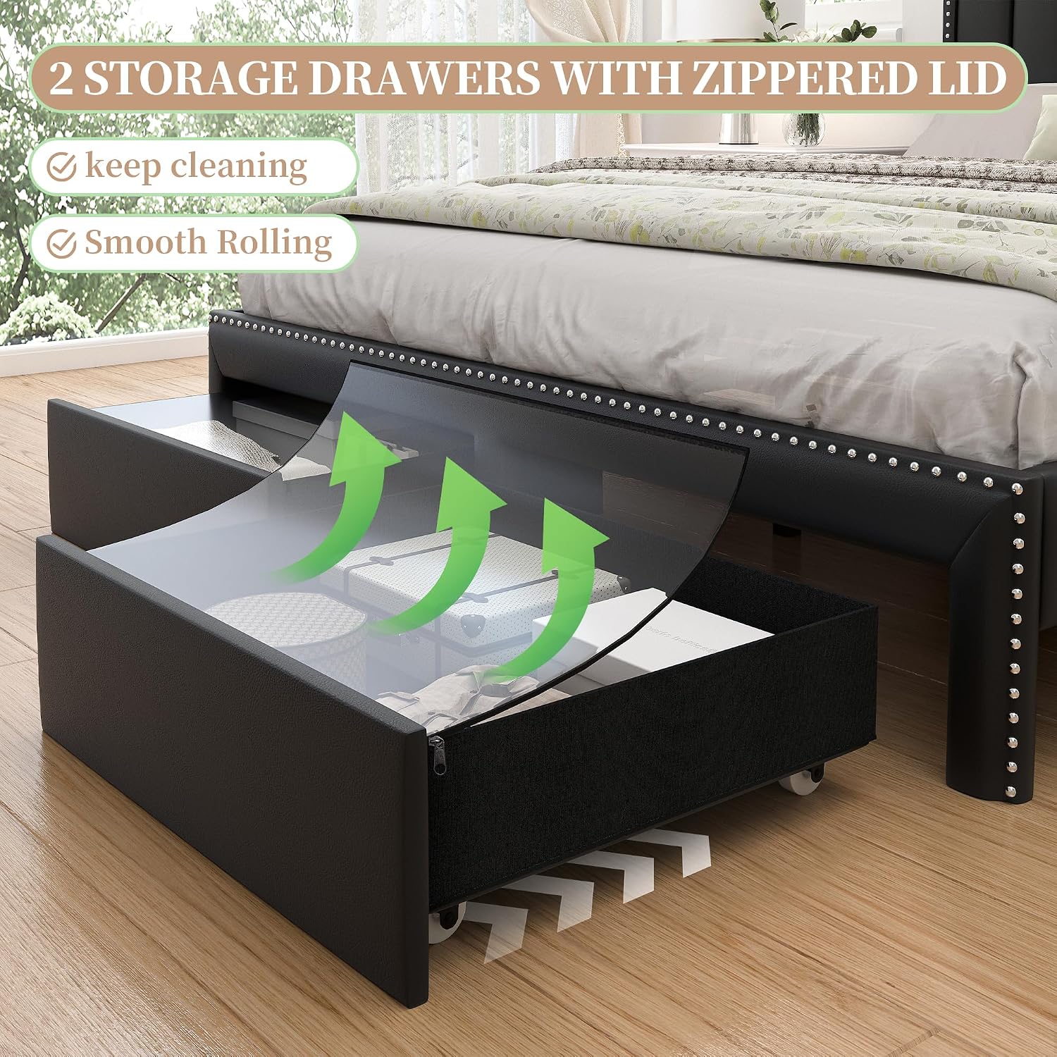SIBEDS King LED Bed Frame with Headboard, PU Leather Upholstered Platform Bed with 2 Tier Storage and 2 Zippered Fabric Drawers, Channel Tufted Bedframe with Rivet Decor, No Box Spring Needed, Black