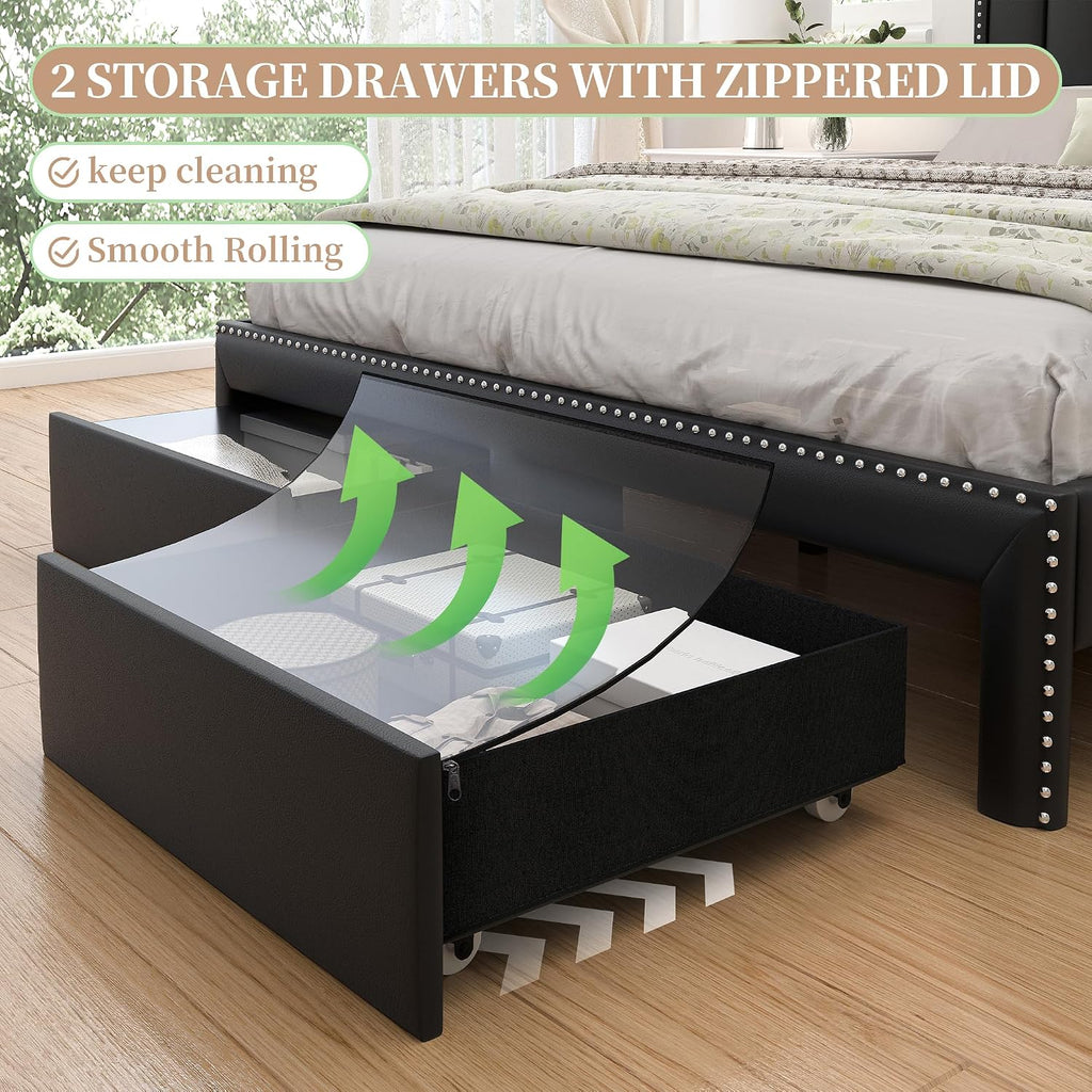 SIBEDS Full LED Bed Frame with Headboard, PU Leather Upholstered Platform Bed with 2 Tier Storage and 2 Zippered Fabric Drawers, Channel Tufted Bedframe with Rivet Decor, No Box Spring Needed, Black