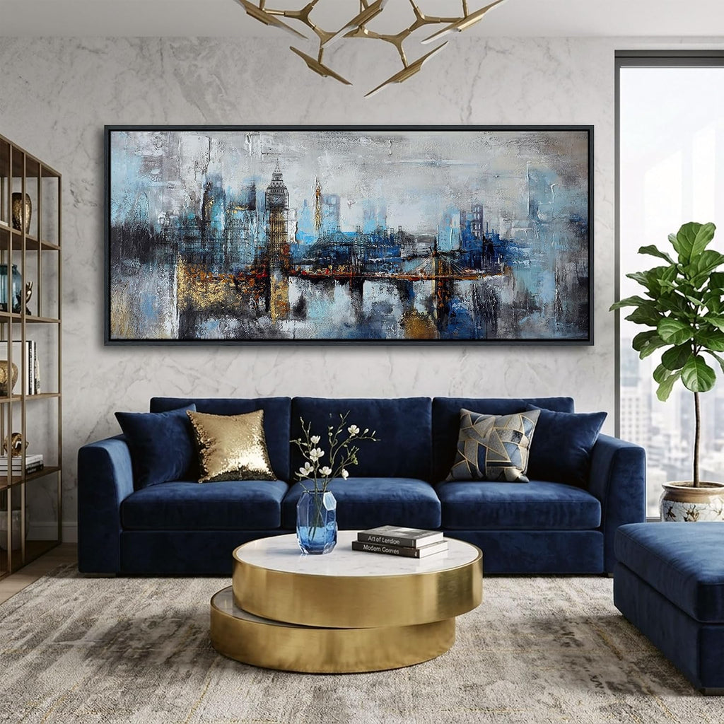 Large Wall Art for Bedroom Abstract City View Canvas Art Gray Blue Buildings Prints for Bedroom Wall Art Office Artwork Wall Decor for Living Room Decor 31x70 inches Black Framed