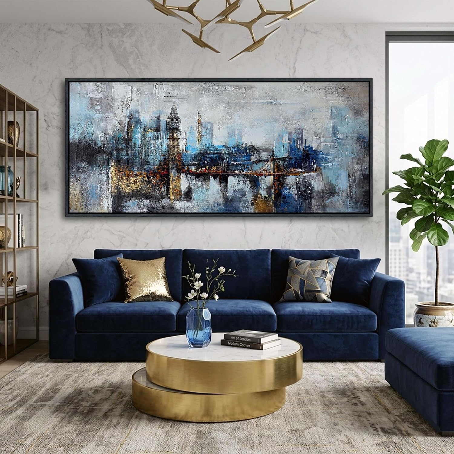 Large Wall Art for Bedroom Abstract City View Canvas Art Gray Blue Buildings Prints for Bedroom Wall Art Office Artwork Wall Decor for Living Room Decor 31x70 inches Black Framed