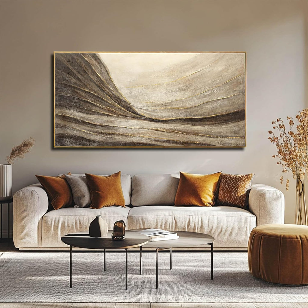 WINKAILIN Modern Abstract Wall Art with Frame Brown and Grey Painting Wave Poster Line Canvas for Living Room Bedroom Textured Home Decor 24x48 Inch