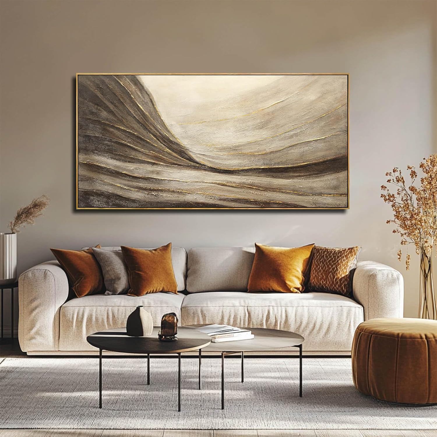WINKAILIN Modern Abstract Wall Art with Frame Brown and Grey Painting Wave Poster Line Canvas for Living Room Bedroom Textured Home Decor 24x48 Inch