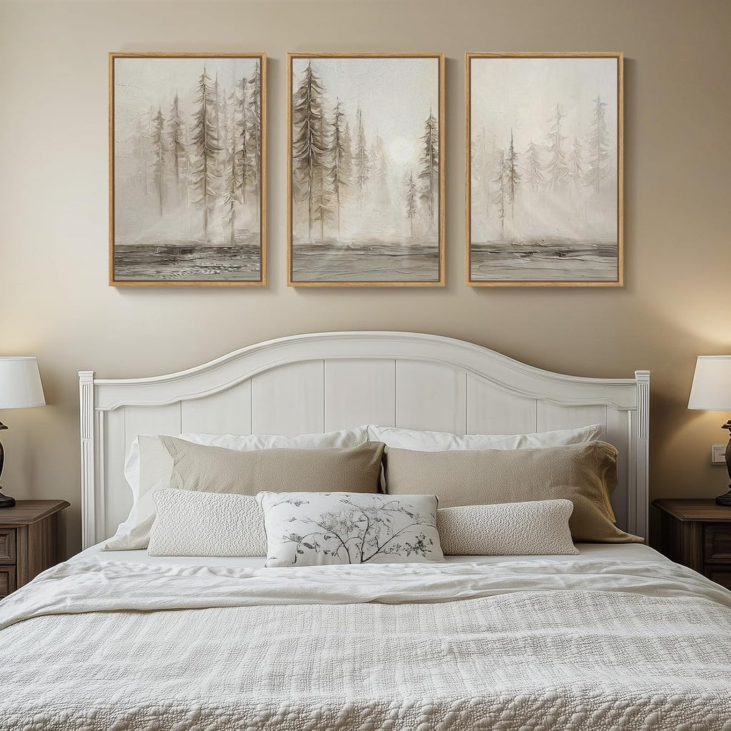 Large Framed Neutral Abstract Landscape Set of 3 Living Room Wall Art, Modern Misty Pine Forest Canvas Artwork for Walls, Beige Rustic Farmhouse Nature Wall Decor for Bedroom Hallway Office, 24x36 In