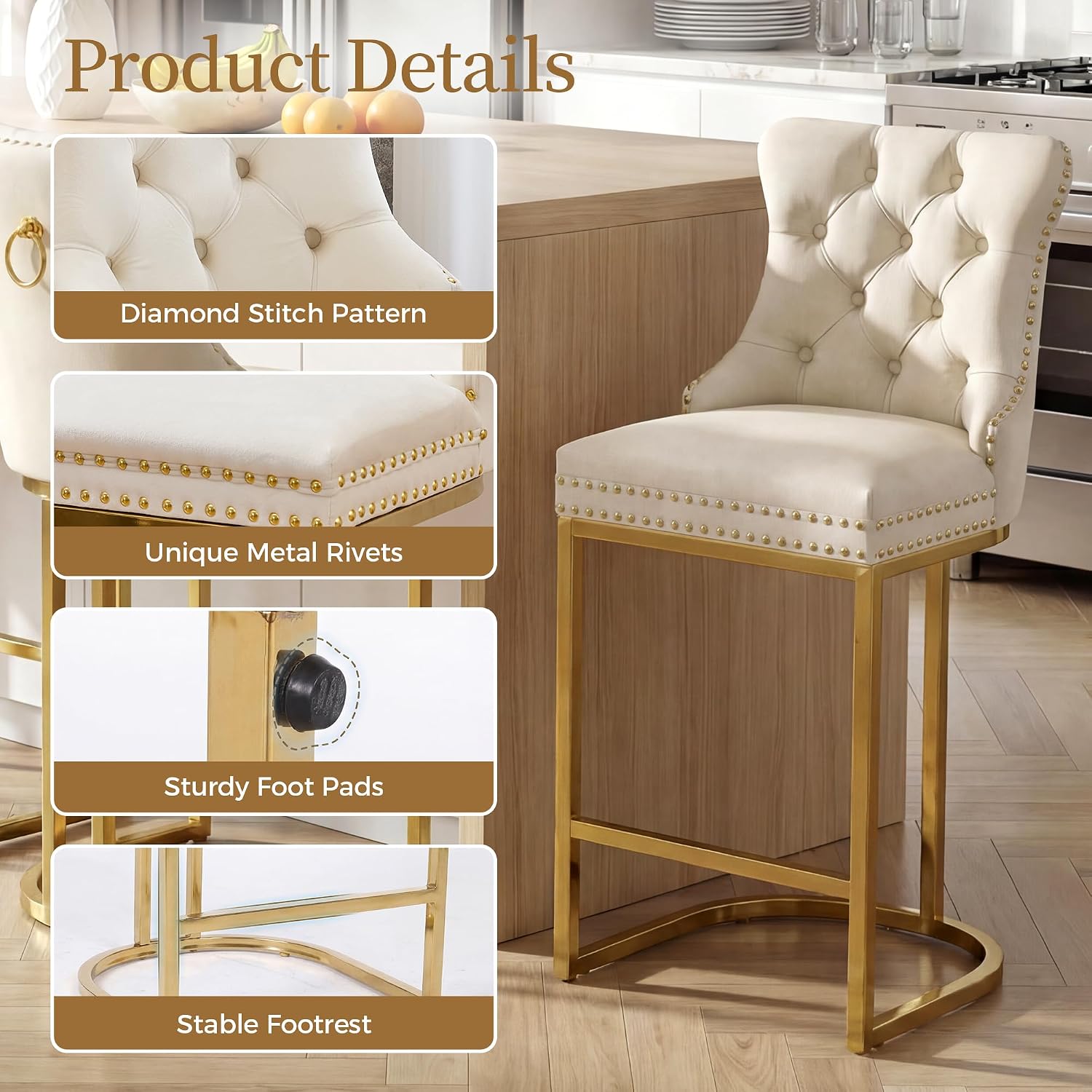 AQO Counter Height Bar Stools Set of 3 for Kitchen Island, Modern Bar Stools with Backs, 26 Inch Barstools with Upholstered Velvet Seat and Gold Legs, Beige