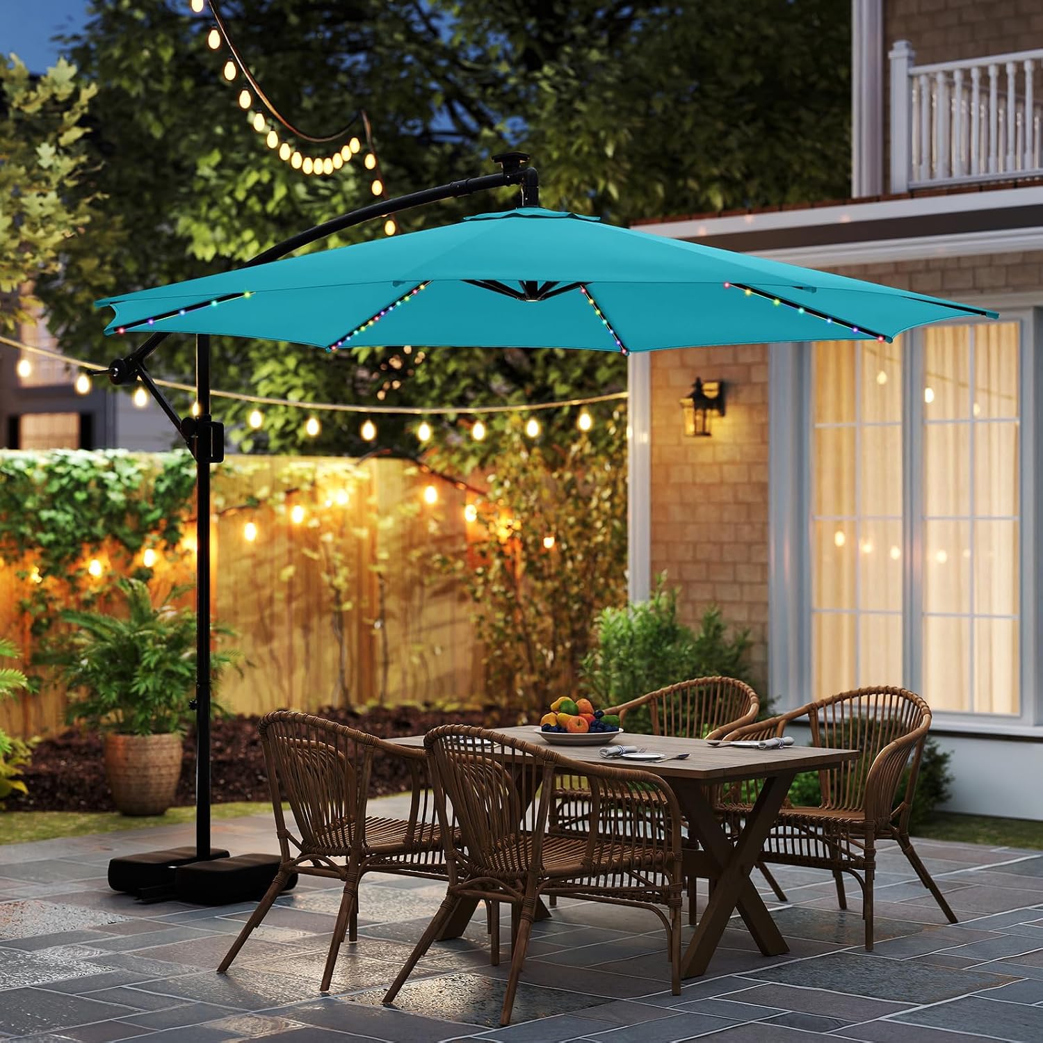 Tangkula 10 FT Solar Patio Umbrella with Base Included, Cantilever Offset Hanging Outdoor Umbrella with 96 Multi-Colored Flowing LED Lights, 9 Modes, Tilt Adjustment, 360° Rotation, Crank for Pool Yard Deck Lawn (Turquoise)