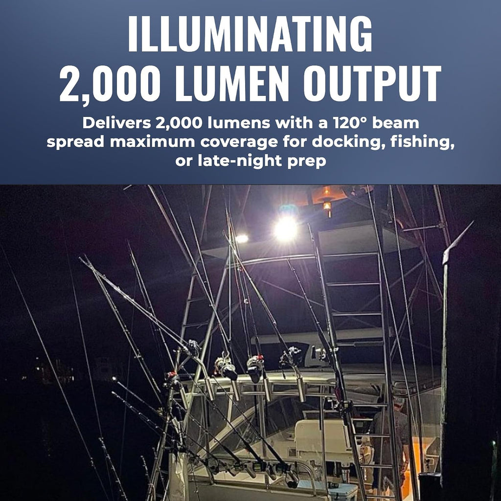Black Oak Low Pro™ Waterproof Marine Spreader Lights – LED Deck or Dock Light Bar, 2000 Lumens, 120° Beam, IP69K, Bracket Mount (White Housing, Amber Halo)