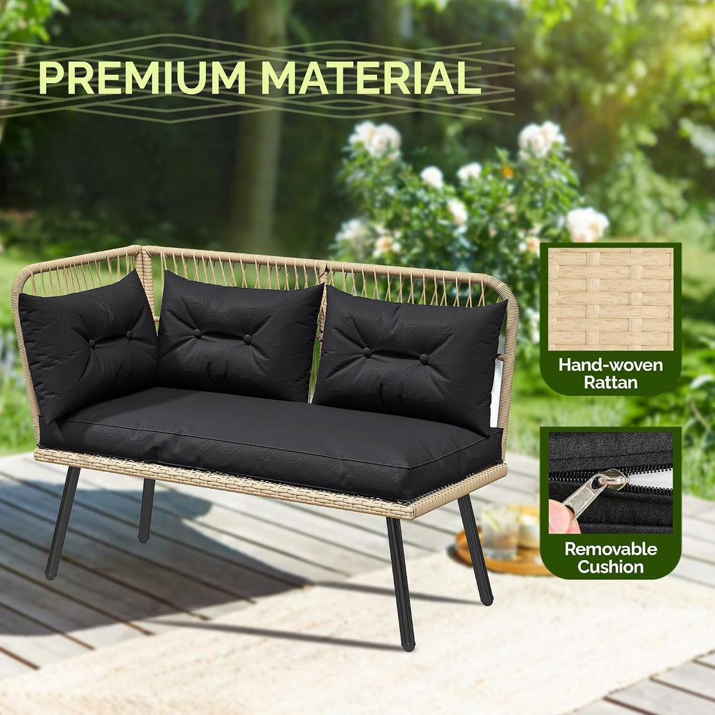 YITAHOME L-Shaped Patio Furniture Set, All-Weather Rattan Outdoor Conversation Sofa with Soft Cushions, Ottomans & Plastic Wood Dining Table for Backyard Deck, Light Brown + Black