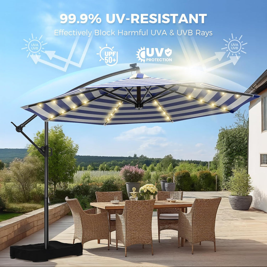 HOMSHADE 10ft Solar Lights Offset Cantilever Patio Umbrella - with Light and Base, LED Offset Patio Outdoor Umbrella UPF50+ UV Protection with Easy Tilt and Crank (Navy&White Stripes)