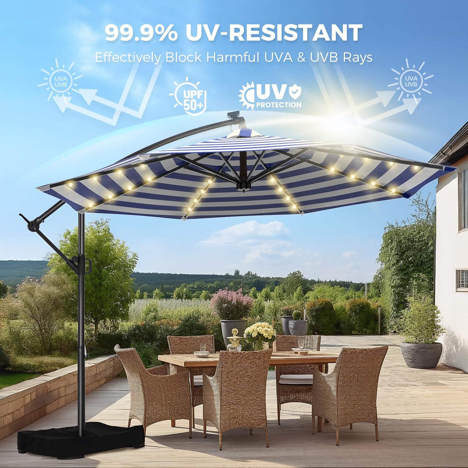 HOMSHADE 10ft Solar Lights Offset Cantilever Patio Umbrella - with Light and Base, LED Offset Patio Outdoor Umbrella UPF50+ UV Protection with Easy Tilt and Crank (Navy&White Stripes)