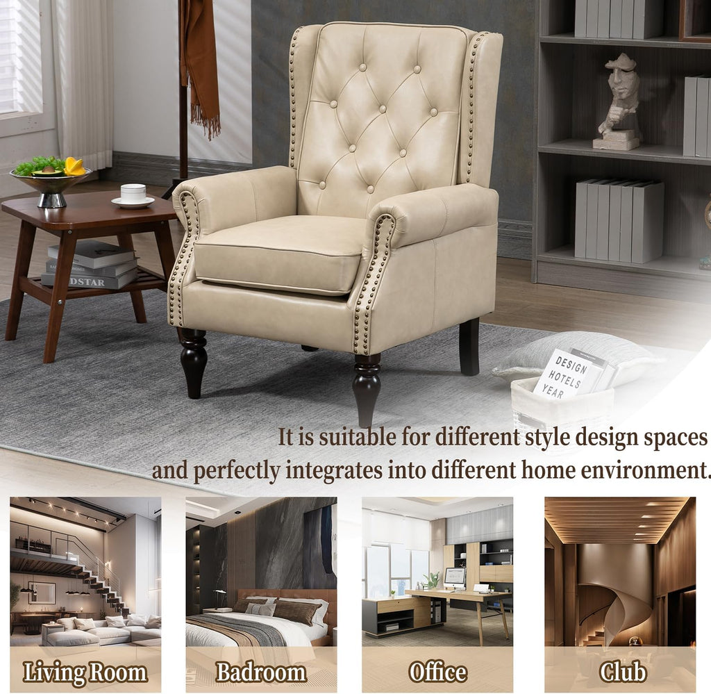 Mid-Century High Wingback Chair Set of 2,Faux Leather Accent Chair Armchair with Buttons,Modern Living Room Chairs with Rivet Decoration,Leisure Single Sofa Chair for Bedroom,Home Reception,Camel