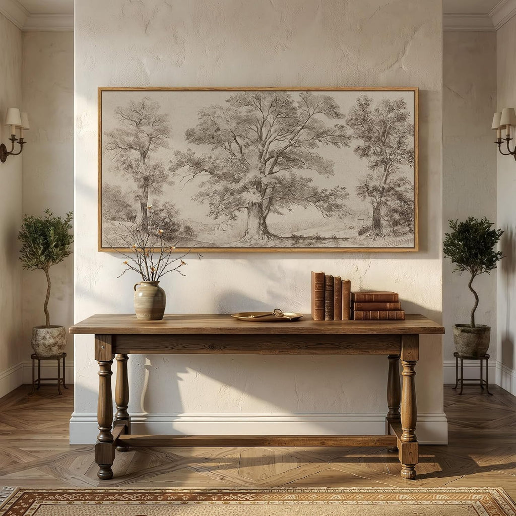 Framed Vintage Landscape Canvas Wall Art for Living Room, Extra Large Horizontal Rustic Tree Botanical Picture Prints Paintings, Neutral Wabi Sabi Artwork Decor for Bedroom Entryway 60x30 Inch
