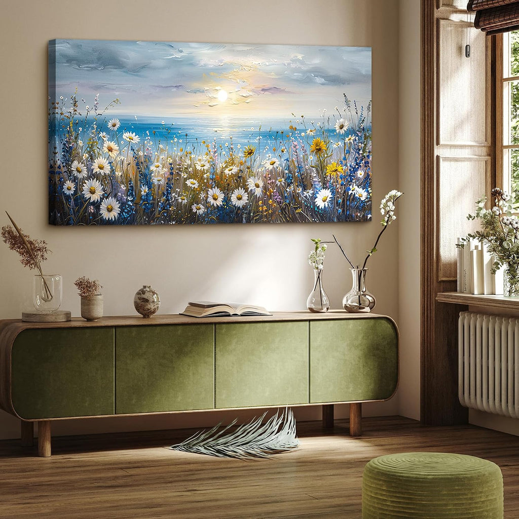 crmotu Beach Wildflower Landscape Wall Art, Seaside Sunset Extra Large Wall Decor, Daisy Floral Botanical Canvas Prints, Modern Rustic House Decorations Living Room Dining Room Farmhouse 29X57 In