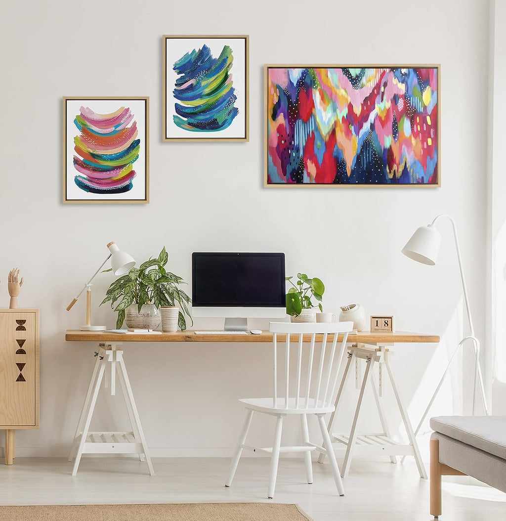 Kate and Laurel Sylvie Brushstroke and Bright Abstract Framed Canvas Wall Art Set by Jessi Raulet of Ettavee; Set of 3; two 16x20 and one 23x33 Natural Finish Frames; Colorful Modern Home Décor