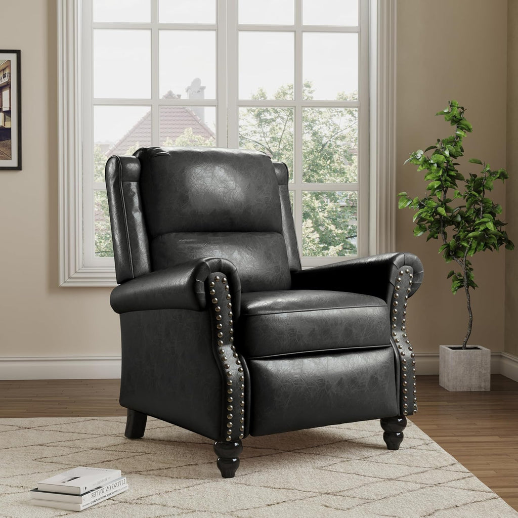 Pushback Recliner Chairs Set of 2, Faux Leather Wingback Recliner Chair, Upholstered Armchair Push Back Recliner with Wood Legs, Rivet Trim Single Sofa Accent Chair for Living Room, Bedroom, Black