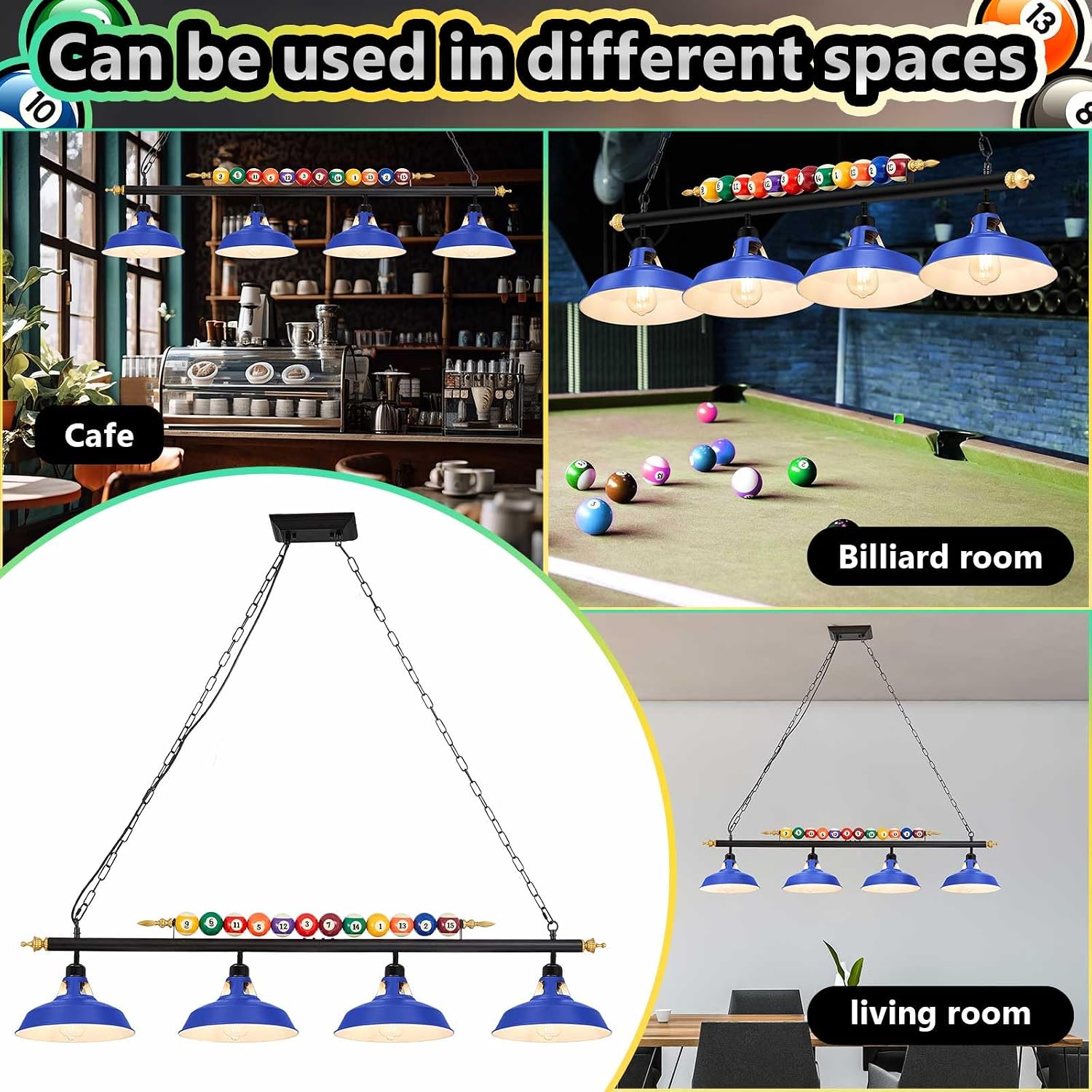 Rossesay Adjustable Pool Table Lights for 7'-8' Billiard Light Hanging Pool Table Fixture Lighting Pendant Lamp with Metal Shades for Game Rooms (Bulb Not Included)(Blue,4 Lights)