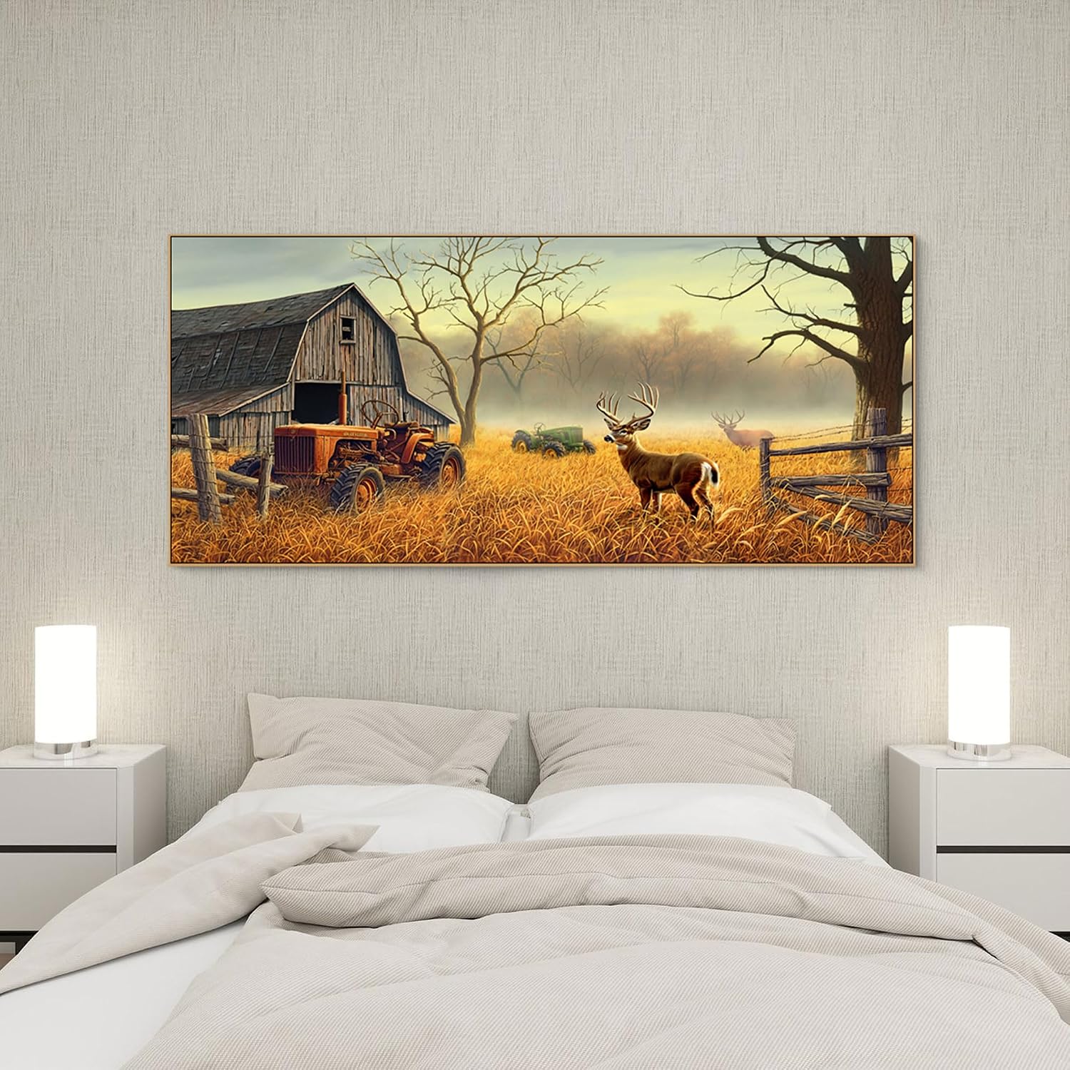 XLSJERST Deer Wall Art for Living Room Canvas Prints Decor Country Tractor Rustic Wildlife Cabin Hunting Picture Glass Surface Artwork for Bedroom Home Office 86x39 Inches