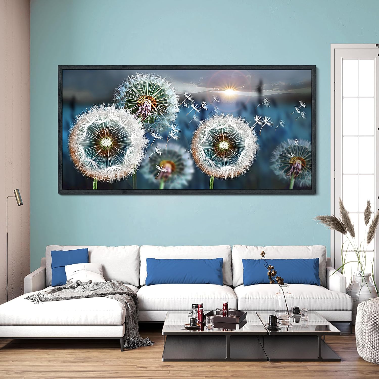 Framed wall Art Large Dandelion Canvas Art Wall Decor for Living Room Blue Landscape Prints Artwork Modern Framed Wall Picturesfor Bedroom Office Home Decorations Size 29x58