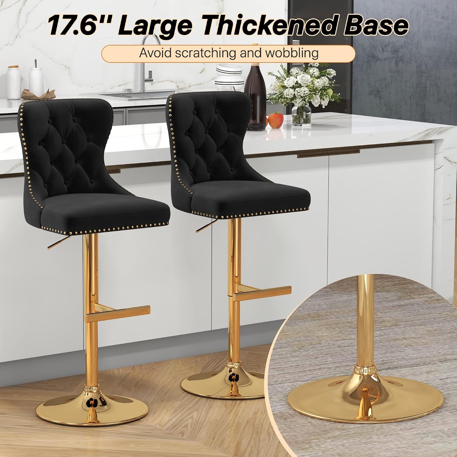 Bar Stools Set of 2, Velvet Swivel Counter Height Stools with Tufted Back, Adjustable Seat with Nailheads Trim, Upholstered Bar Chairs with Gold Base for Kitchen Island, Pub, Black