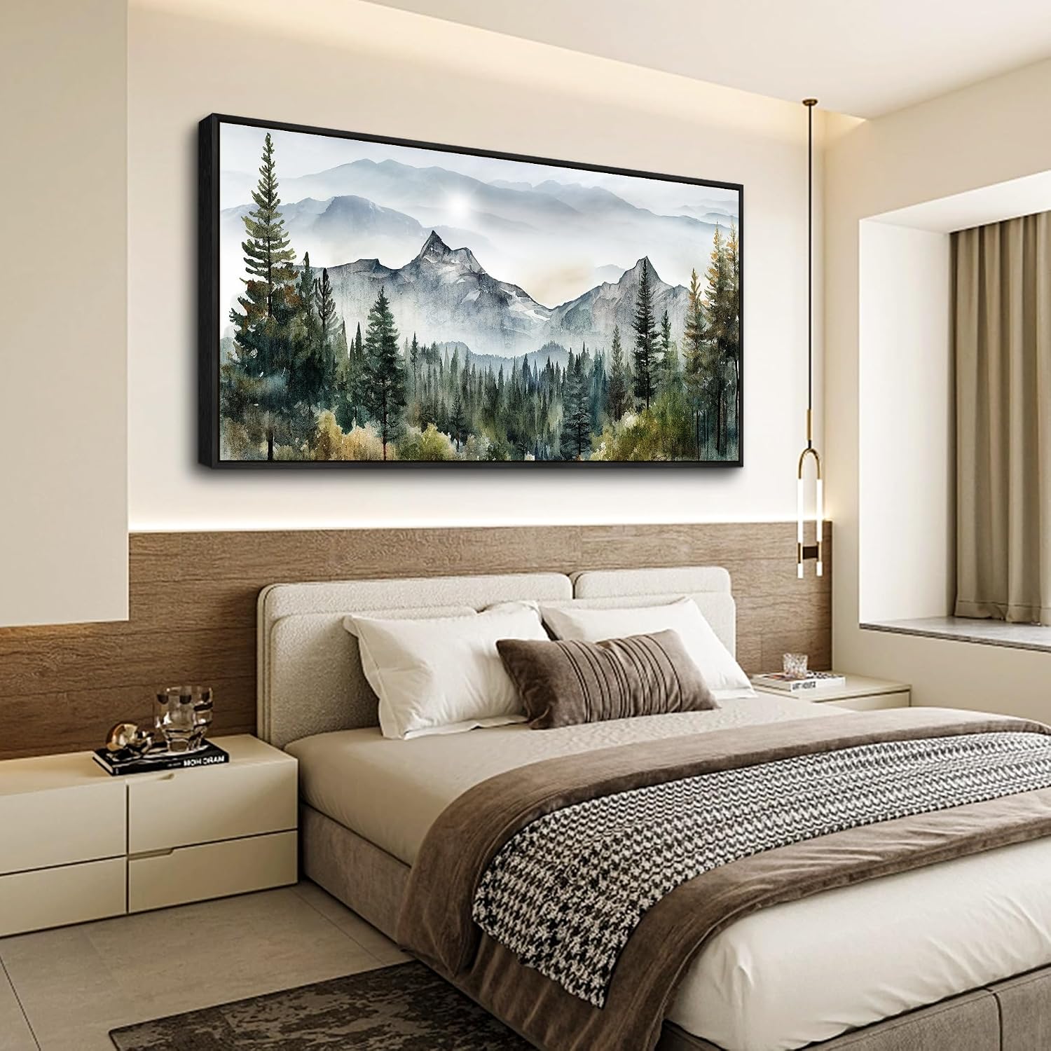 Wapluam Large Canvas Wall Decor For Living Room Bedroom - Modern Office Wall Art - Abstract Mountain Landscape - Stretched And Framed - Ready To Hang - Black Framed