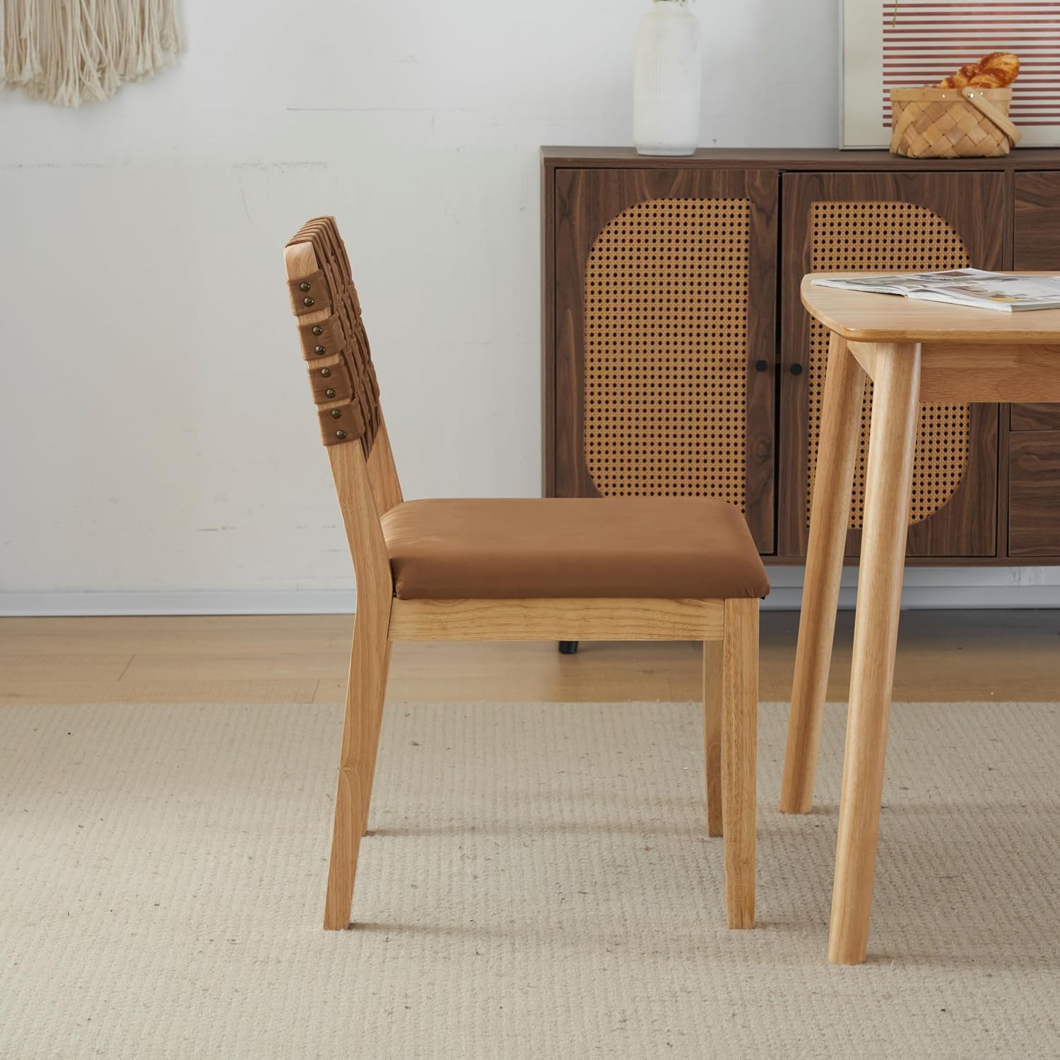 VINGLI Brown Woven Wooden Dining Chairs Set of 2,Armless Mid Century Modern Desk Chairs with Rivet&Foot Pegs,Upholstered Farmhouse Comfy Chair No Wheels for Dining Room,Living Room,Kitchen,Oak,Suede