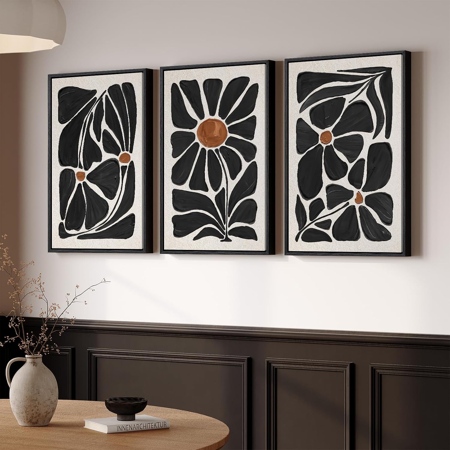 Large Framed Black and White Boho Floral Wall Art, 3 Piece Vintage Botanical Artwork for Walls, Bohemian Flowers Canvas Prints for Living Room Bedroom Hallway Office Home Decor, Total 30x60 Inch