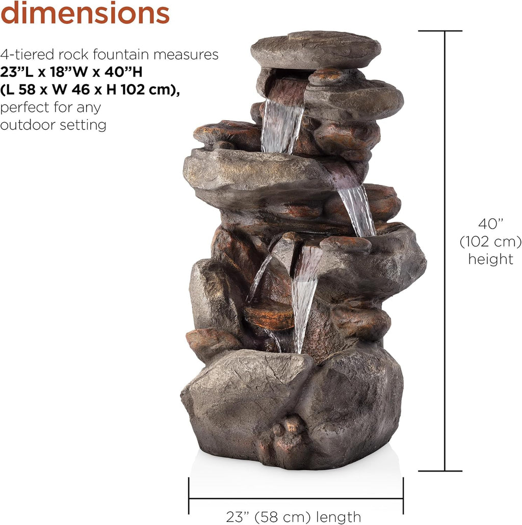Alpine Corporation | 40' 4-Tier Rock Floor Fountain with Cascading Water & White LED Lights, Tranquil Outdoor Water Feature for Garden, Patio, Yard & Deck, Light Gray