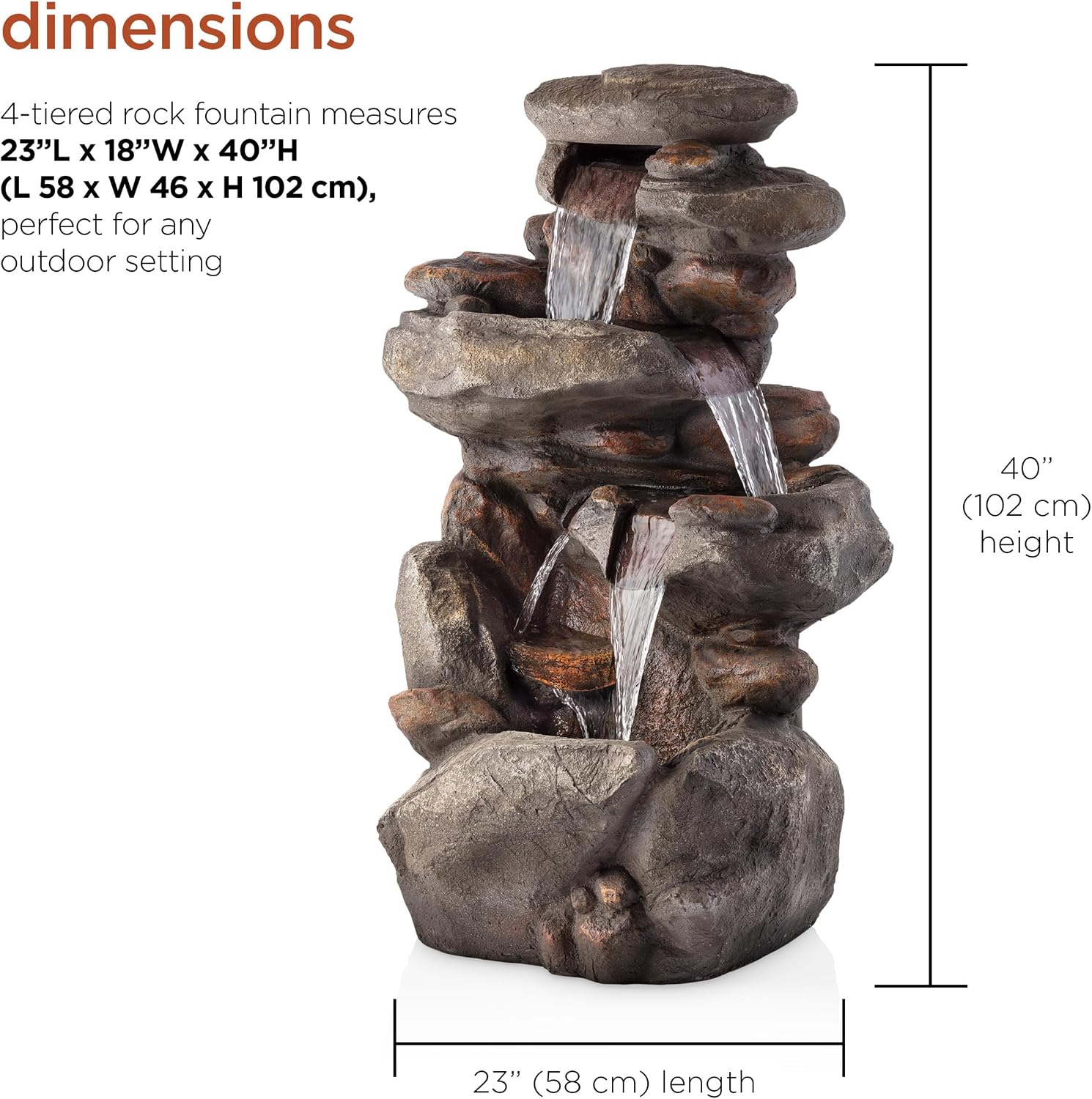Alpine Corporation | 40' 4-Tier Rock Floor Fountain with Cascading Water & White LED Lights, Tranquil Outdoor Water Feature for Garden, Patio, Yard & Deck, Light Gray