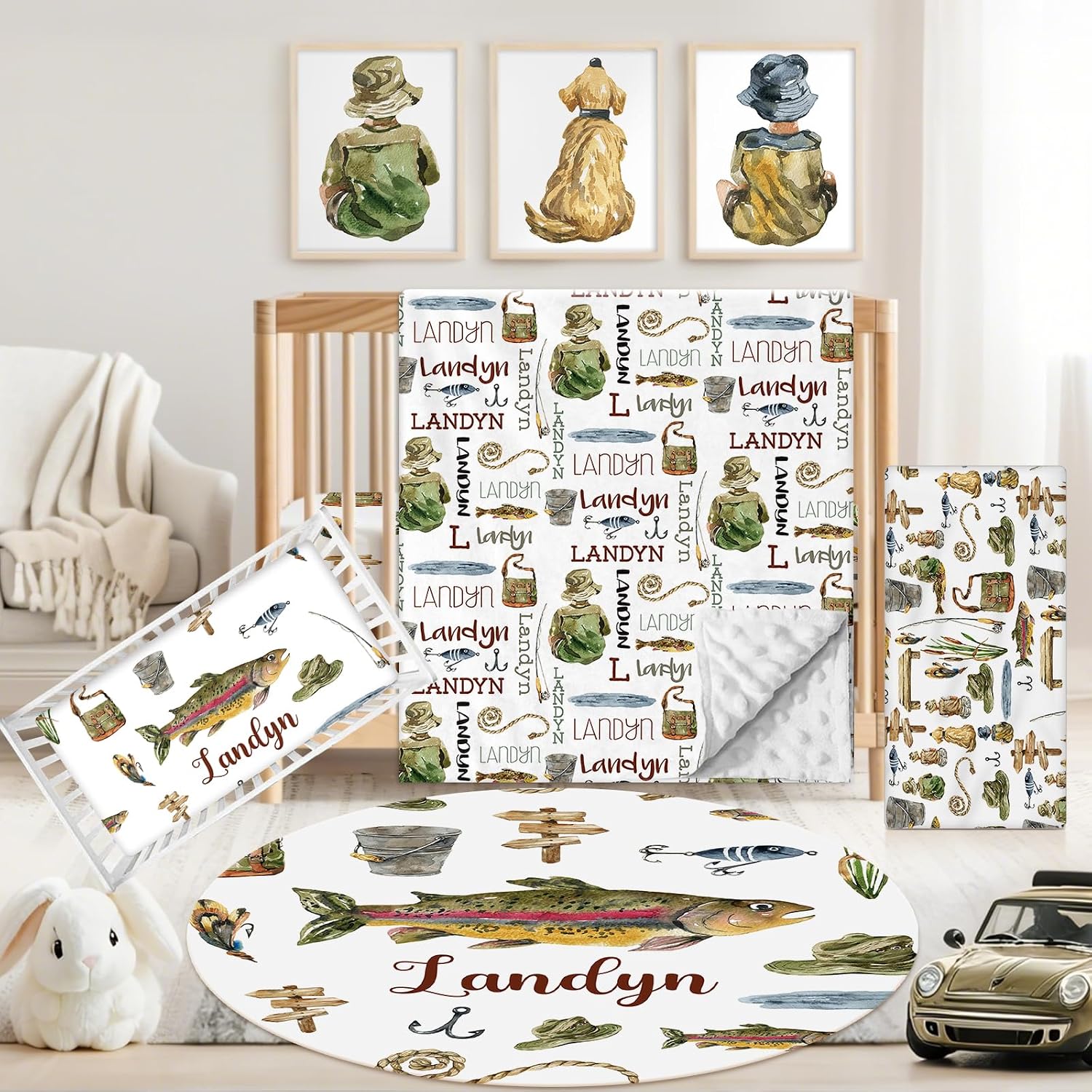 Personalized Baby Crib Bedding Set, 5 Pcs Custom Name Nursery Bedding Set for Girls Boys, Fishing Baby Crib Set for Toddlers Infants, Double Layer Bedding Crib Sets Customized Gifts