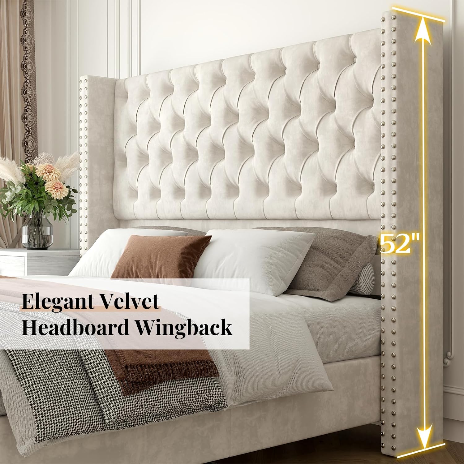 Jocisland King Size Bed Frame Velvet Upholstered Platform Bed with 51.6' Tall Wingback Headboard Deep Button Tufted, No Box Spring Needed, Cream