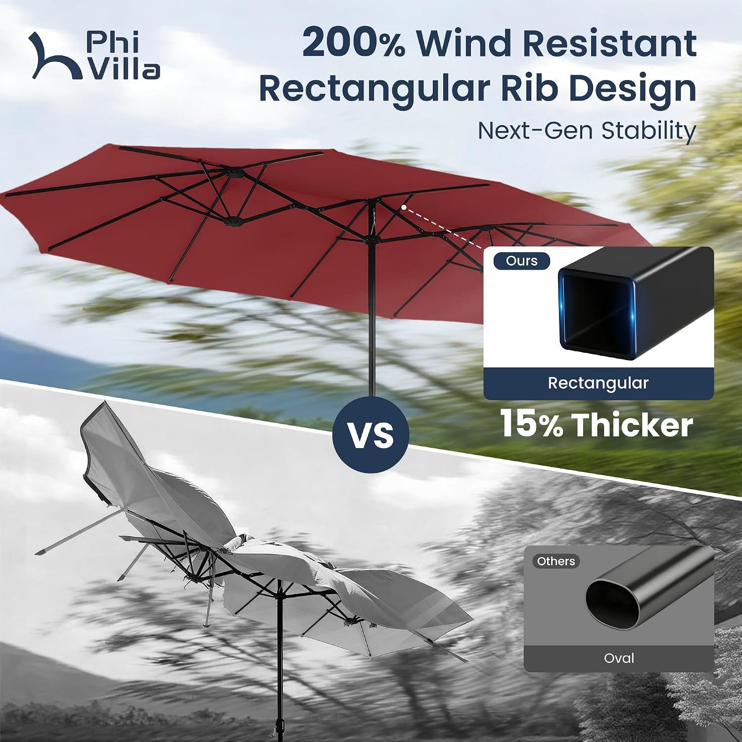 PHI VILLA 13ft Patio Umbrella with Solar-Powered 120 PCS LED Color-Changing Lights, Triple-Head Large Rectangle Umbrella Outdoor Patio for Table with Crank Lift,Dark Red(No Base)
