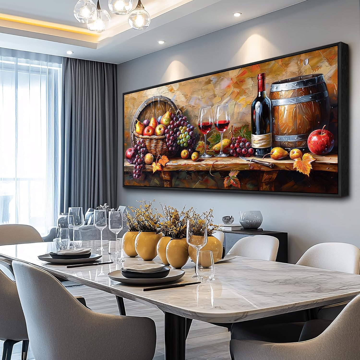 XIGUANGART Large Framed Wall Art for Kitchen, Vintage Food Wine Painting Prints, Rustic Wall Decor Fruit Harvest Pictures for Living Room Dining Room Pub Home Bar Farmhouse Decorations 32x72 In