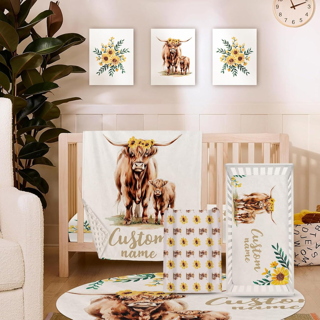 Personalized Nursery Crib Bedding Set: Custom Name Yellow Floral 5 Piece Baby Crib Sets with Highland Cattle Design - Toddler Double Layer Blanket Set, Comfortable Crib Bed Sheets for Baby Grils