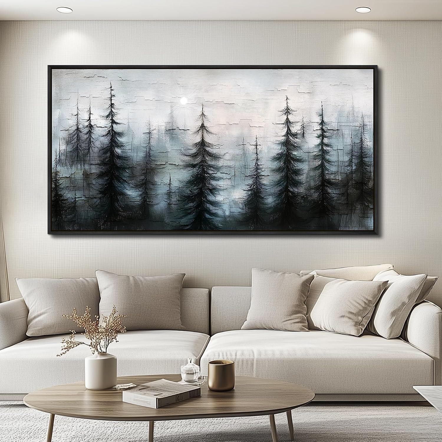 XIGUANGART Misty Forest Canvas Wall Art Nature Landscape Pictures Farmhouse Abstract Tree Watercolour Painting Wall Decor Living Room, Bedroom Home Office Decorations Artwork Black Framed Large 60x30