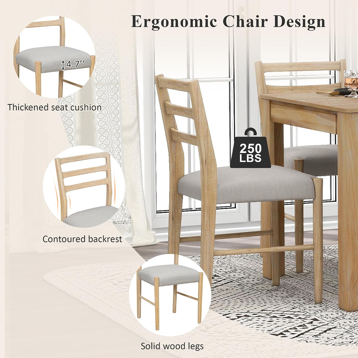 Farmhouse 7-Piece Kitchen Dining Table Set, Solid Wood Rectangle Extendable Table with 12' Leaf and 2 Drawers, 6 Dining Chairs with Soft Cushion, Dining Table Set for 6 Persons (Natural Wash+)