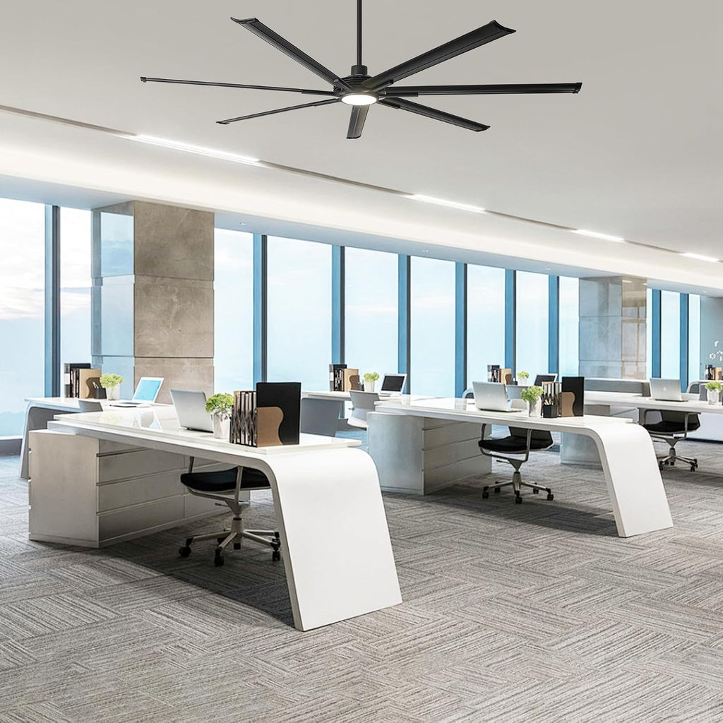 100 Inch Ceiling Fans with Lights and Remote, Industrial Black Ceiling Fan for Living Room Shop Garage Large Outdoor Ceiling Fans for Patios, Dimmable, 6-Speed Reversible DC Motor, 7 Aluminum Blades